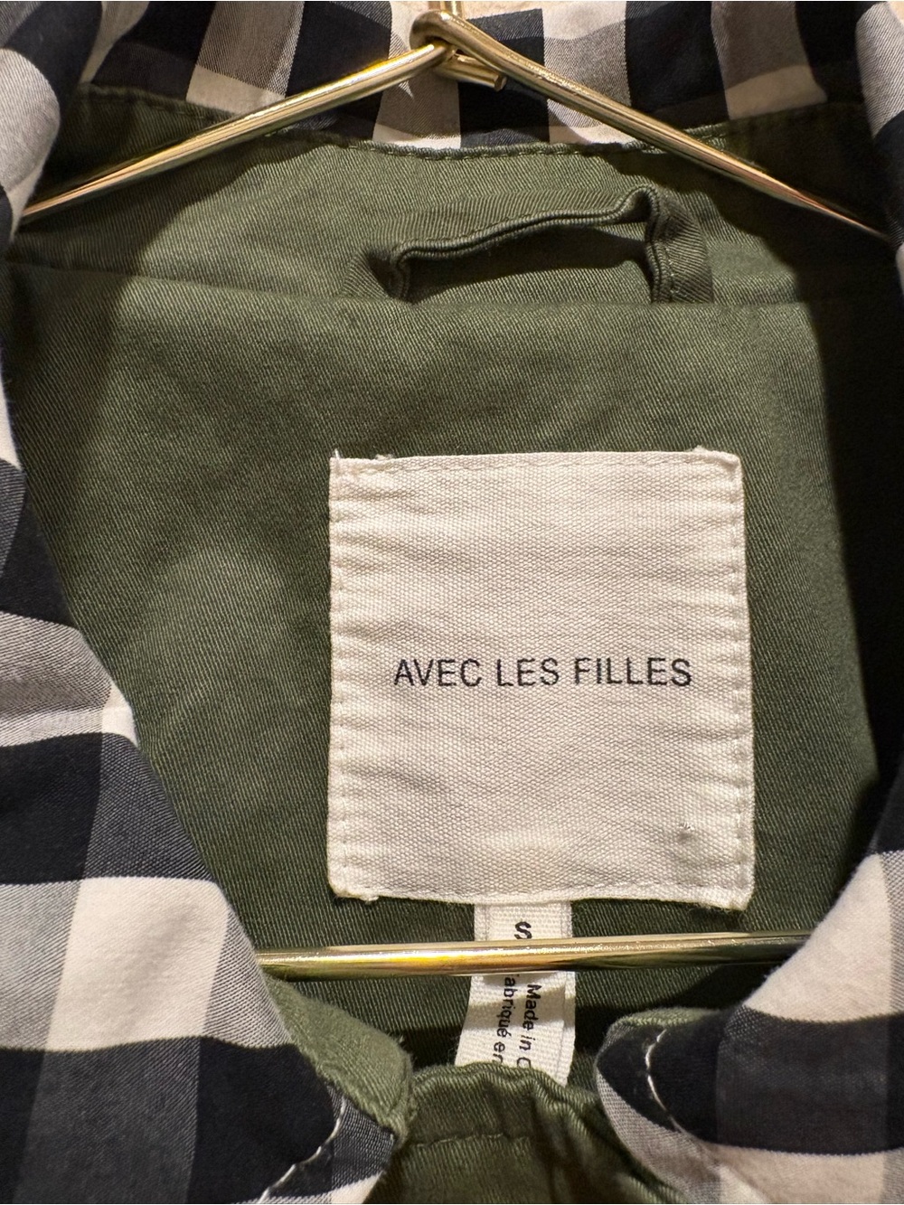 Avec Les Filles Olive Green Cape-Collar Jacket with Black & White Gingham Trim - Picture 2 of 6